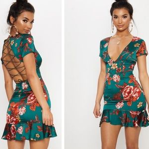 Pretty little thing PLT green floral mini dress